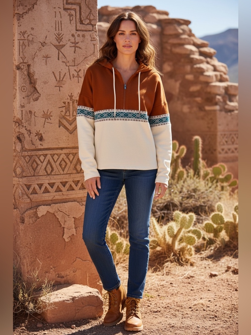 Rank 45 Women's Two-Tone Hooded Sweatshirt with Aztec Trim - Rust & Cream